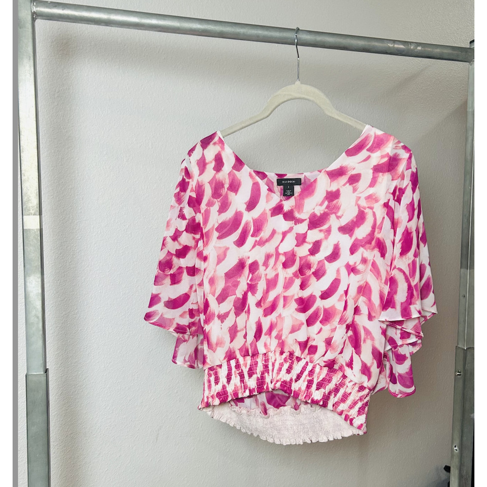 NEW Women's L Halogen Pink and White Flouncy Sleeve Crop, NWOT